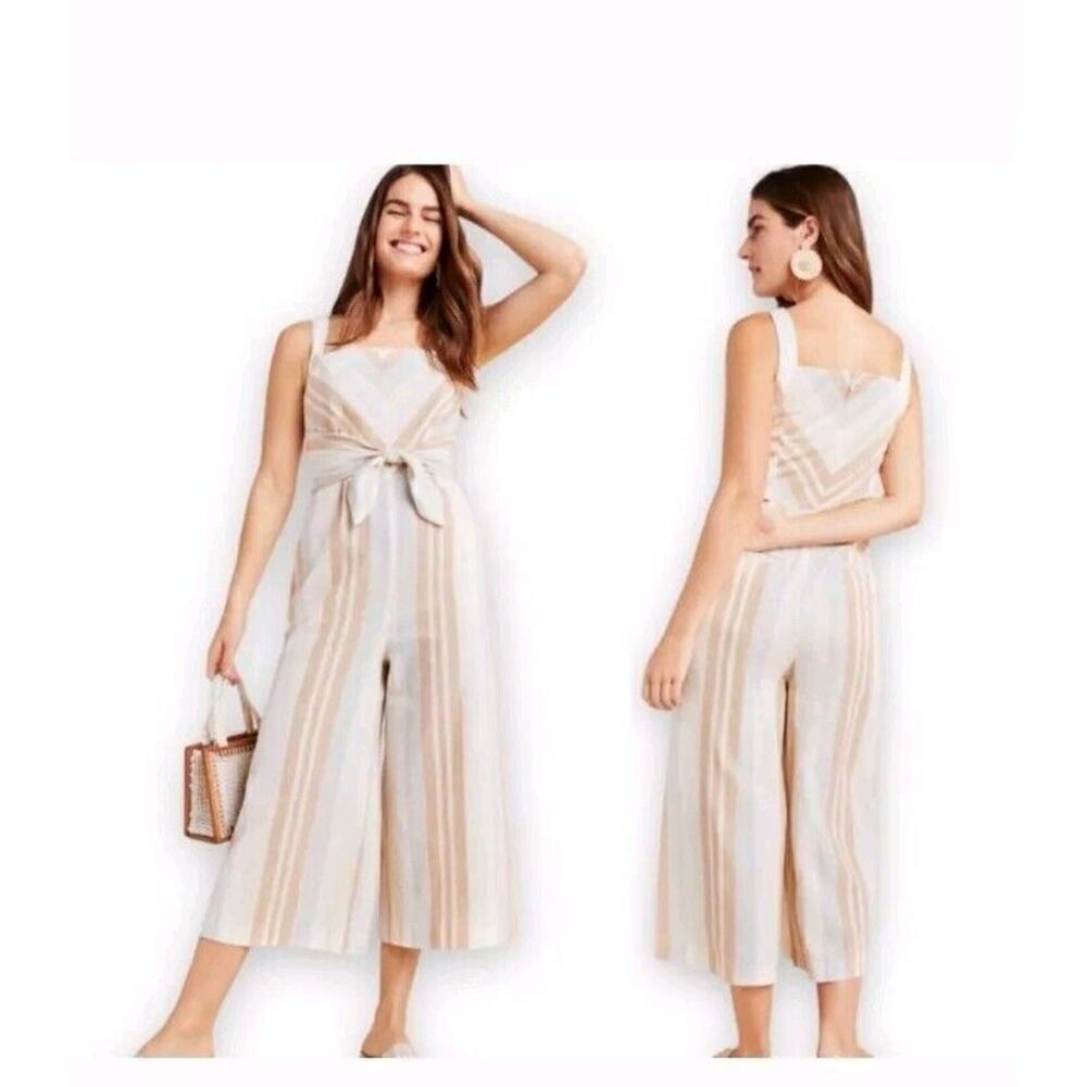Anthropologie Jumpsuit Size 4 Savannah Tie Waist Linen Wide Crop Leg Lagenlook